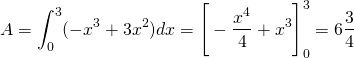 \[ A = \int_{0}^{3} (-x^3 + 3x^2) dx  = \Bigg[ -\frac{x^4}{4} + x^3 \Bigg]^3_0 = 6\frac{3}{4}\]