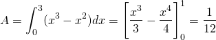 \[ A = \int_{0}^{3} (x^3 - x^2) dx  = \Bigg[ \frac{x^3}{3} - \frac{x^4}{4}\Bigg]^1_0 = \frac{1}{12}\]