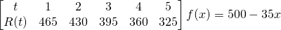 \[ \begin{bmatrix}{t}&{1}&{2}&{3}&{4}&{5}\\{R(t)}&{465}&{430}&{395}&{360}&{325}\end{bmatrix} f(x) = 500 - 35x \]