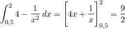 \[\int_{0,5}^2 4 - \frac{1}{x^2} \hspace{2}dx = \Bigg[ 4x +\frac{1}{x} \Bigg]_{0,5}^2 = \frac{9}{2} \]