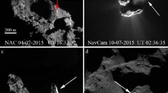 2. ábra. A Rosetta szonda navigációs (NavCam) és tudományos képfelvevő kamerái (OSIRIS) által a 67P/C–G-üstökös magjáról és annak Aswan területéről 2015 júliusa és decembere között készített felvételek. A bal felső képen az Aswan terület szirtfalának helyét nyíl mutatja. A jobb felső képen jól látszanak a fényes porsugarak (por-jetek). A bal alsó képen, a nyílnál az üstökösmag belsejének fényesebb anyaga látszik az Aswan szirtfalának leomlása után. A jobb alsó képen a leomlott szirtfal és az omlási törmelék fényes takarója látható az üstökösmag sötétebb környezetébenESA/Rosetta/MPS, OSIRIS Team MPS/UPD/LAM/IAA/SSO/INTA/UPM/DASP/IDA