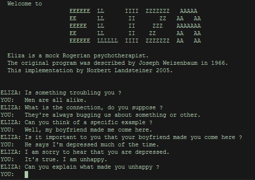 Az első beszélgetésre tervezett program az ELIZA nevet viselte, amit Joseph Weizenbaum tervezett 1966-ban.