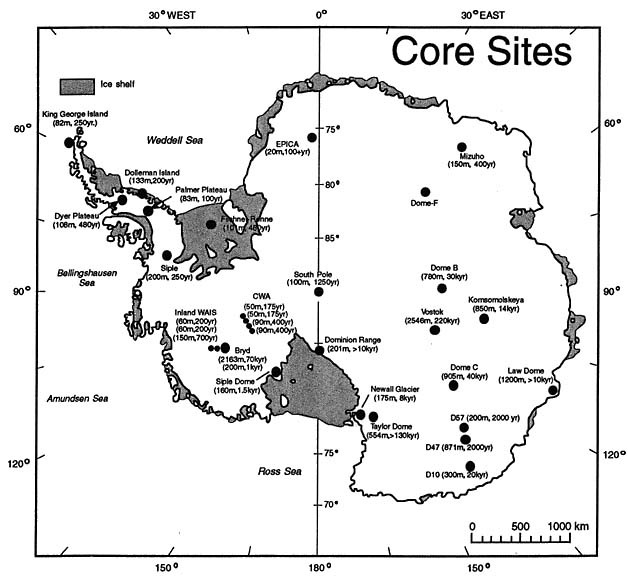 Az Antarktiszi bázisok és elhelyezkedésük. Forrás: antarticglaciers.org