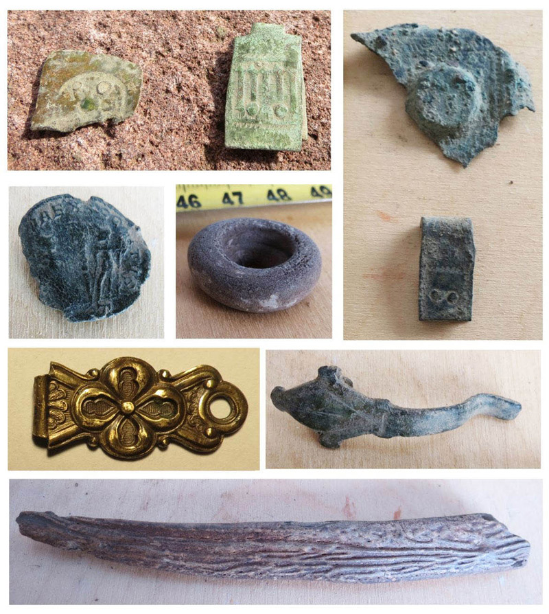   Válogatás az előkerült apróleletekből (könyvveretek és -kapcsok, egy római érem, egy üvegpalack szája, egy vasszerszám agancsnyele)