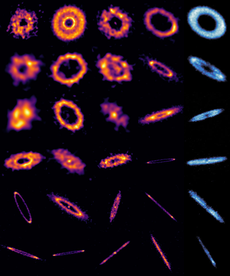 Az ARKS programban vizsgált 24 törmelékkorong nagy térbeli felbontású ALMA képe. A borostyánszínű képek a vizsgált korongokban található por eloszlását, míg a kék képek a hat gázban gazdag korongban (portérképeik a balra közvetlen mellettük lévő oszlopban láthatók) található szénmonoxid gáz eloszlását mutatják. Kép forrása: Sebastian Marino, Sorcha Mac Manamon és az ARKS együttműködés.