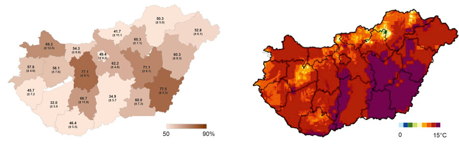 Balra a lucfenyők átlagos elhalási aránya megyénként 2023-ban a jelen felmérés alapján. Jobbra a modellek alapján várható éves átlaghőmérséklet 2071 és 2100 között (Forrás: A magyarországi klímasérülékenység területi különbségei, Tér és Társadalom 38. évf., 2. szám, 2024).