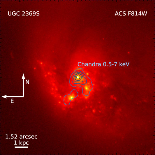 Az UGC 2369S összeolvadó galaxishármas a Hubble-űrtávcső ACS (Advanced Camera for Surveys) műszerével készült közeli infravörös képen. A szintvonalak a Chandra-űrtávcsővel 0,5–7 keV energiatartományban mért röntgenintenzitást jelölik. A bal alsó sarokban a méretskála kb. 3300 fényév. Az északi, röntgentartományban a legfényesebb galaxismag belsejében sikerült VLBI-módszerrel megtalálni a kompakt rádiósugárzó objektumot. (Forrás: Y. Ding at al., 2026)